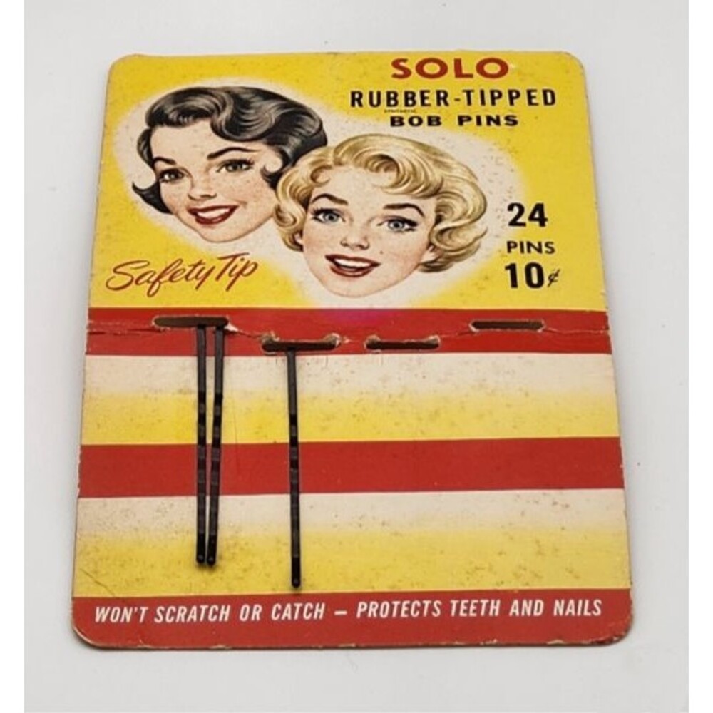 Vtg 60s Solo Rubber Tipped Bob Pins 3 Bobby Pins & Original Package Prop Display